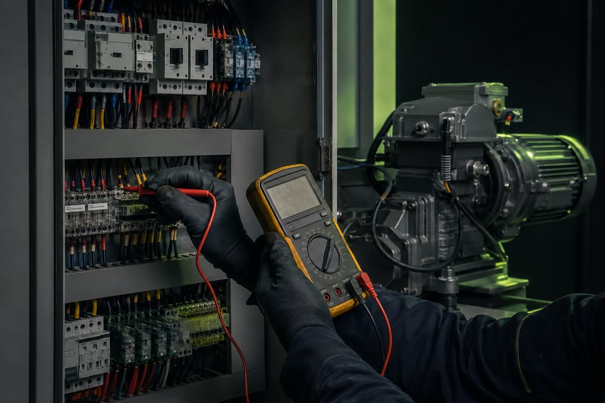 Technician working on industrial control equipment